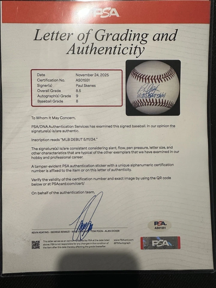 Paul Skenes Rookie Signed & Inscribed MLB Baseball PSA Graded LOA - Image 3 of 4