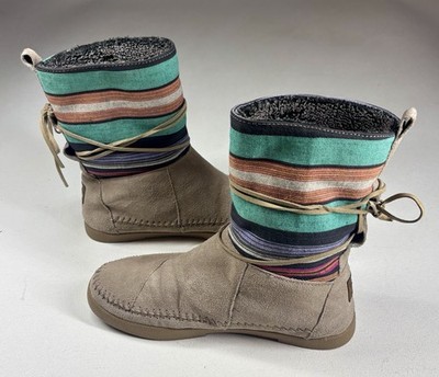 TOMS Nepal Aztec Boots Womens 7 Gray Suede Fair Isle Lined Knit Bootie Boho