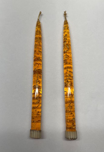 Set of 2 Vintage Lucite Acrylic Amber Gold Flake Taper Candles 9-3/4”