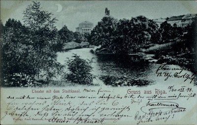 Postcard Riga Latvia, theatre with the city canal, greeting from 12 o'clock,... - 4963166