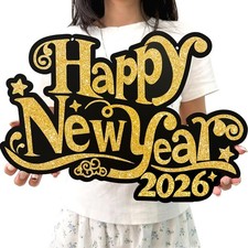 Happy New Year 2026 Black and Gold Wooden Hanging Sign Decorations, 2026
