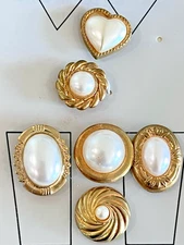 Vintage Faux Pearl Button Covers with Gold Tone Lot of 6 Oval Round Heart