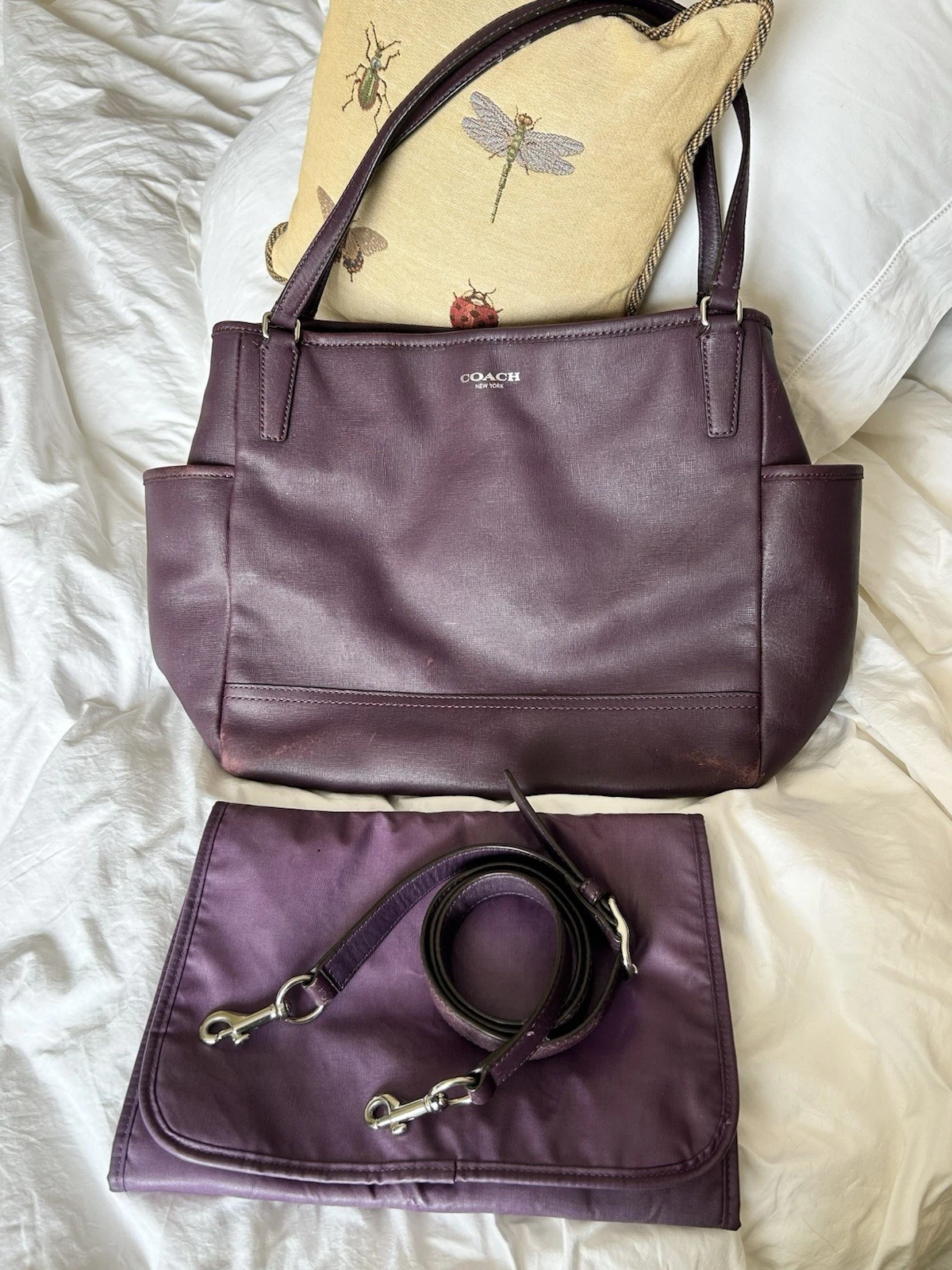 Coach Saffiano Leather Baby Diaper Travel Bag Purse Changing Mat Purple Silver