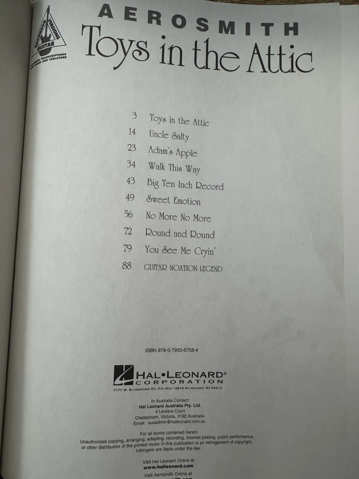 Aerosmith, Toys In The Attic, Guitar Recorded Versions, Songbook - Image 2 of 4