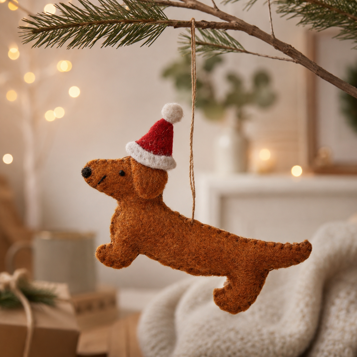 Sass & Belle Felt Sausage Dog in Santa Hat Christmas Tree Decoration with Twine