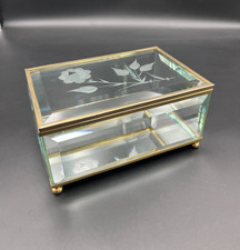 Vtg Glass Etched Flowers Brass Trinket Box Beveled Edge