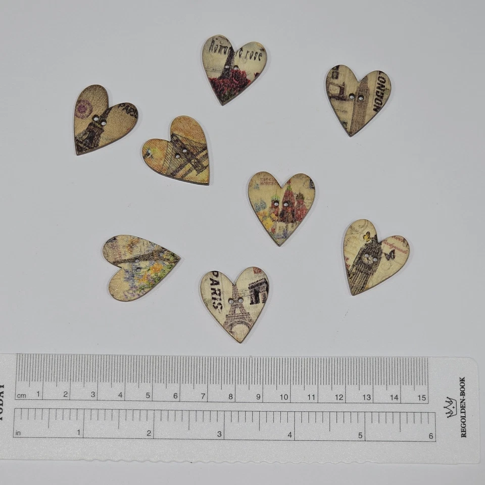 8 Wooden Heart Shaped Buttons Paris France Romantic Eiffel Tower Floral Craft - Image 2 of 3