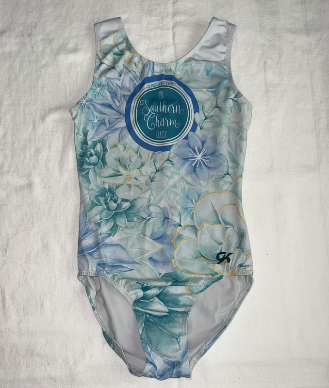 GK Elite Gymnastics Leotard Sz Adult Small AS Blue Aqua Teal Floral