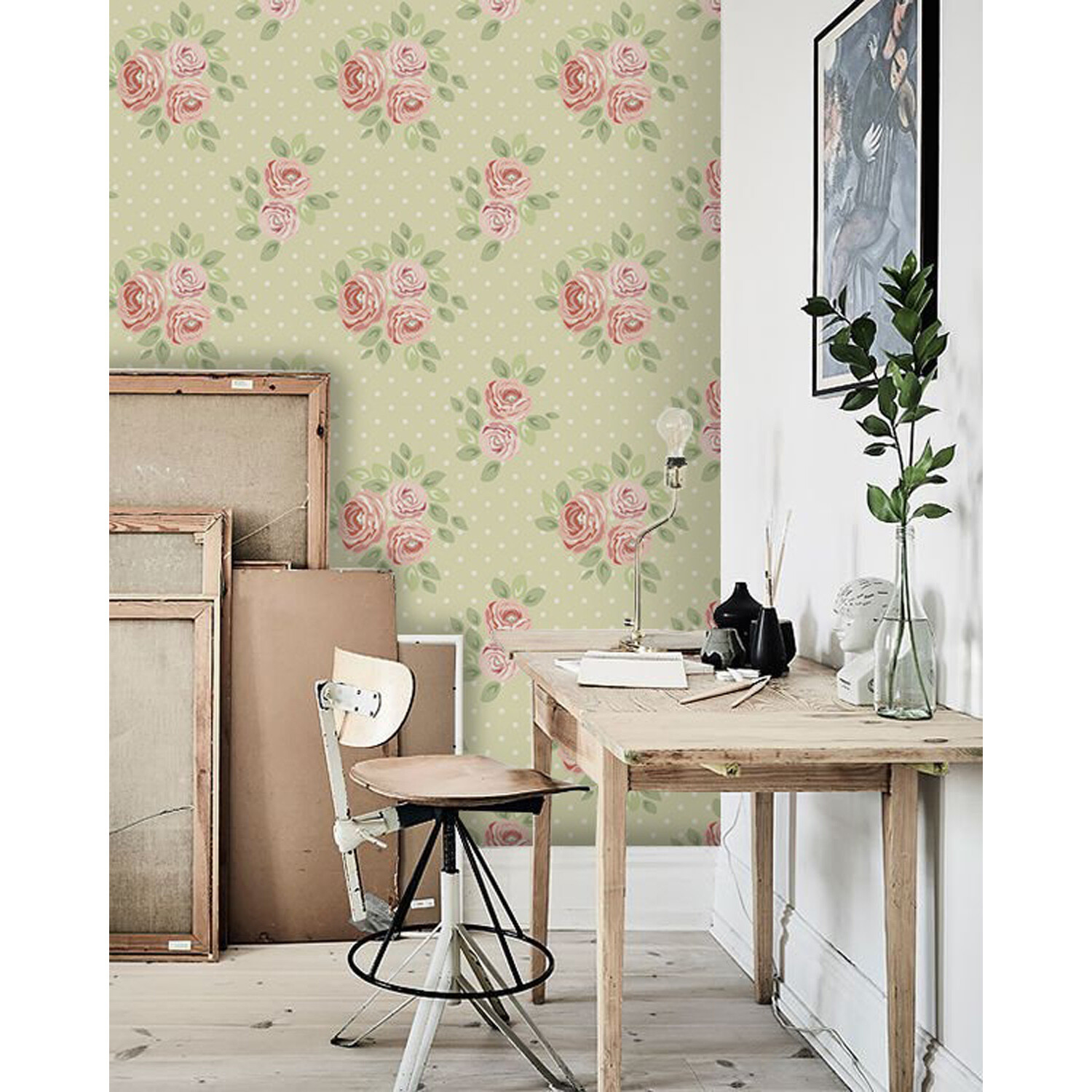 Green Set Of Cute Shabby Chic Roses Pink And Green Wall Mural Wallpaper Ebay