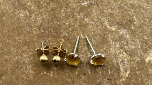 2 Ps 14K White Yellow Gold Citrine/Ball Stud Earrings Solid 1.3 Grams - Picture 2 of 9