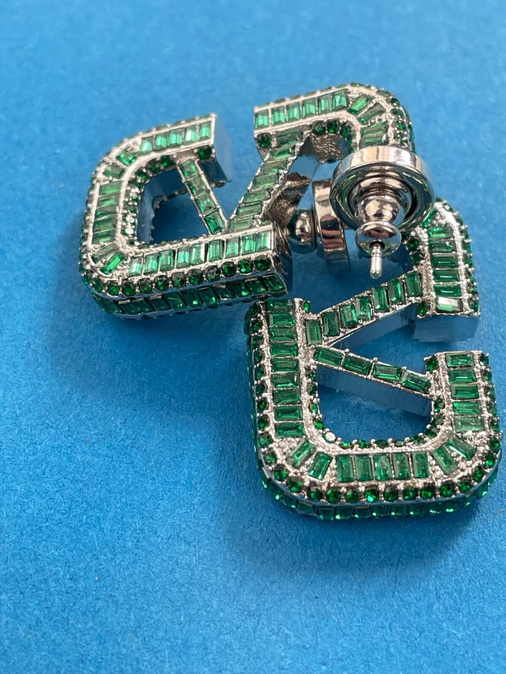 Valentino Silver V Logo Square Shaped Green Crystal Hoop Earrings - Image 4 of 4