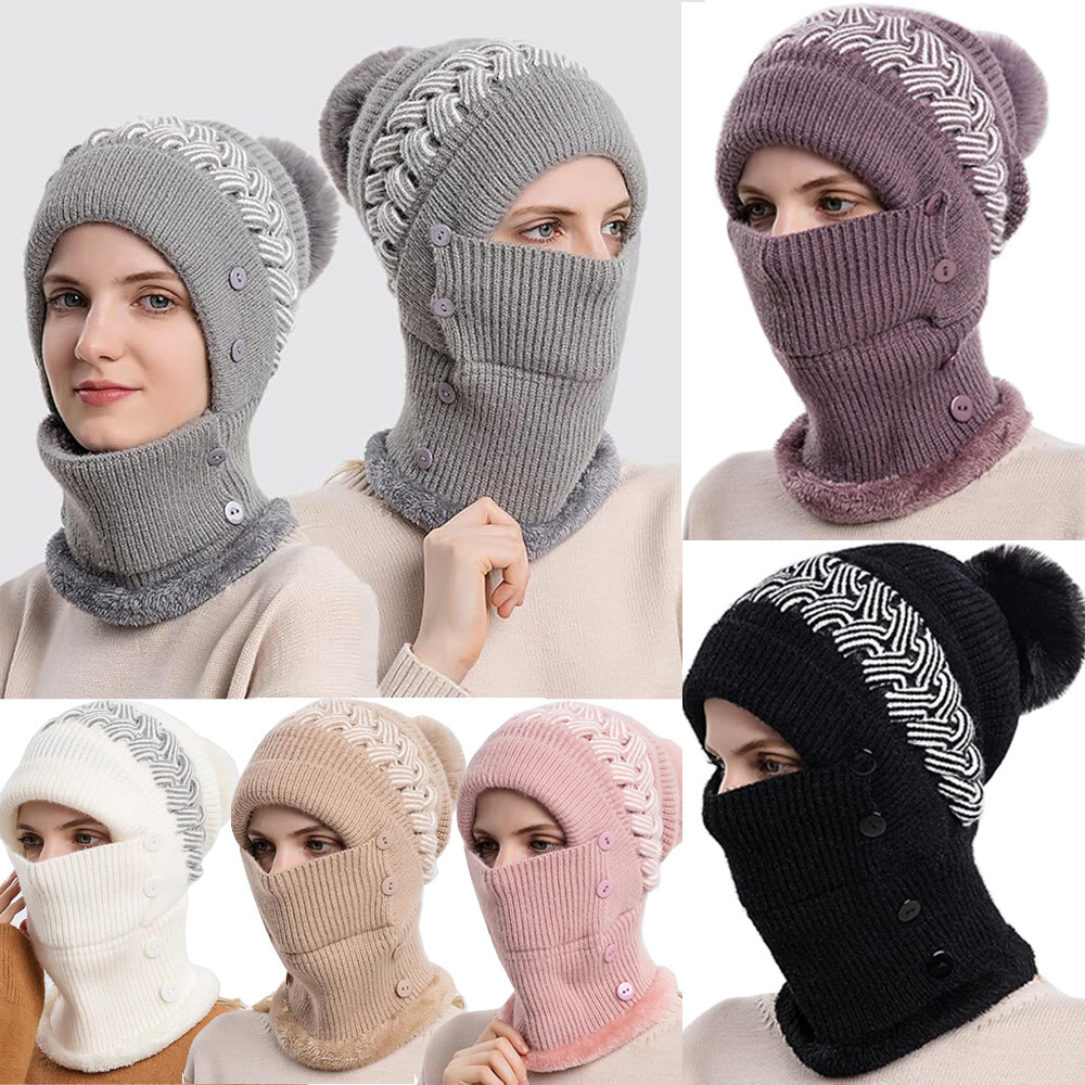 Kawaii Women Beanie Hat Teddy Bear Ears Knit Scarf Neck Warmer Gaiter Winter Japanese Faux Fur Pom Pom Fleece Warm Cute Hood Black - View #14