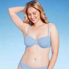 Shade  Shore Ribbed Underwire Bikini Top Womens 38D Removable Pads Light Blue