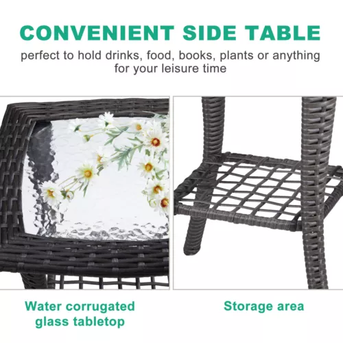 New Outdoor Wicker Side Table Rattan End Table with Glass Top for Indoor Garden - Picture 3 of 9