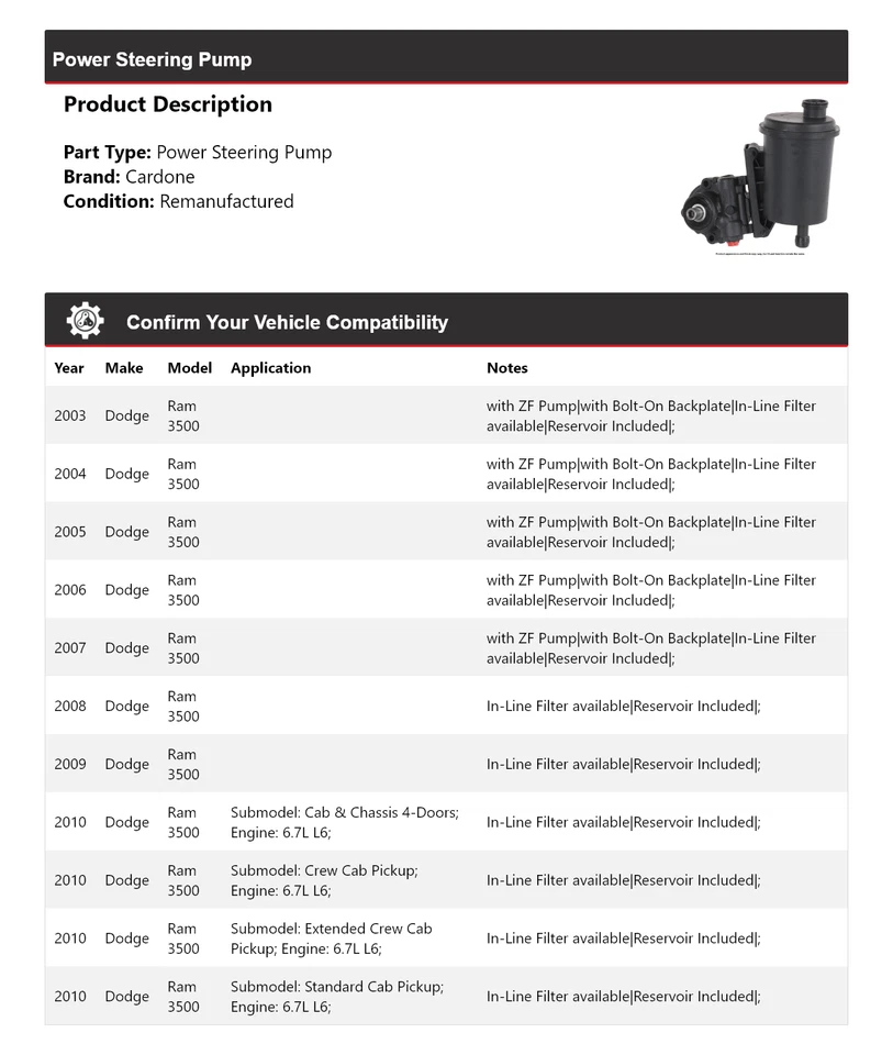 Bomba de dirección asistida Cardone para Dodge Ram 3500 2003-2010 2004 2005 2006 2007 Foto 2 de 4