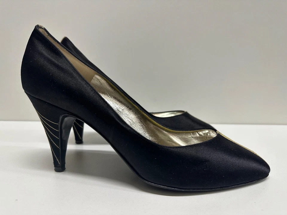 Bruno Magli Mujer Talla 8B Negro Tela Satinada Zapatos Superior con Detalles Dorados Foto 2 de 4