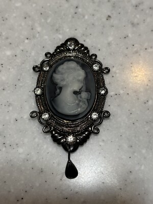 Black Cameo Brooch Teardrop Bead Victorian Revival Pin Goth Halloween ...