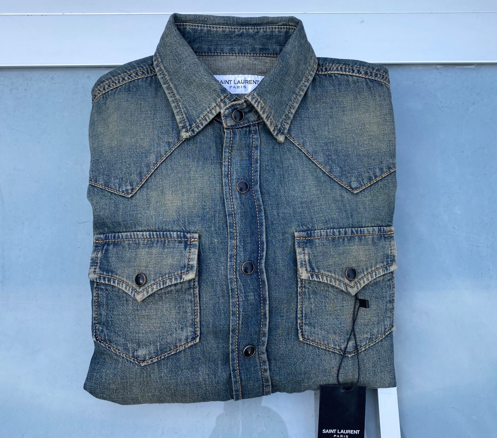 Rara e fantastica camicia Saint Laurent SS22 slim fit western denim blu vintage