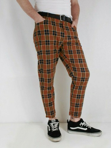 Da Uomo Su Misura Slim Fit Tartan Check Sta Stampa Stile Pantaloni MARRONI  mod 60s | eBay