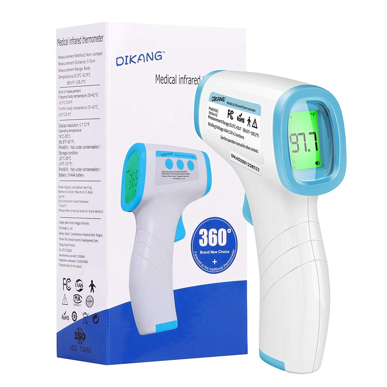 Non-Contact Infrared Forehead Thermometer Reads °F and °C with Fever Alert Funct