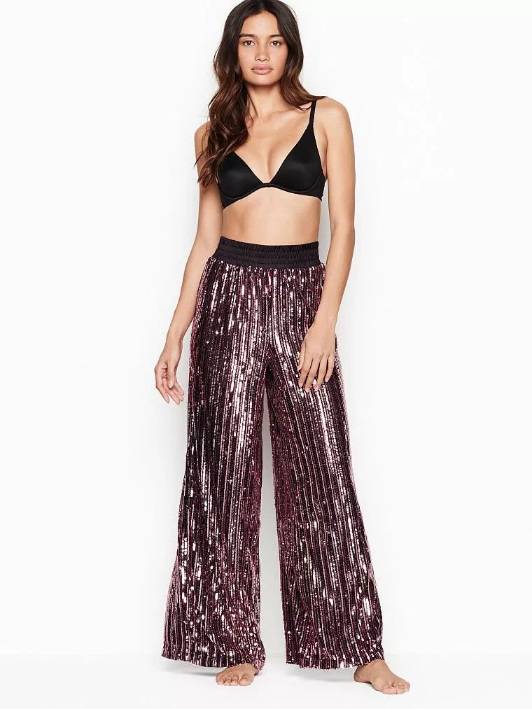 NWOT Victoria Secret Black & Pink Sequin Rose Gold Palazzo Disco Party Pants  M