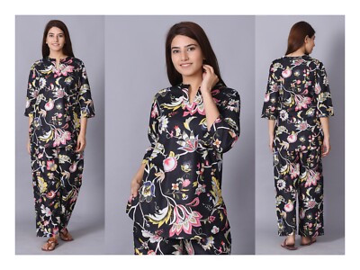 Floral Print Handmade Cotton Pajama Set Long Pants With Pocket Woman Loungewear