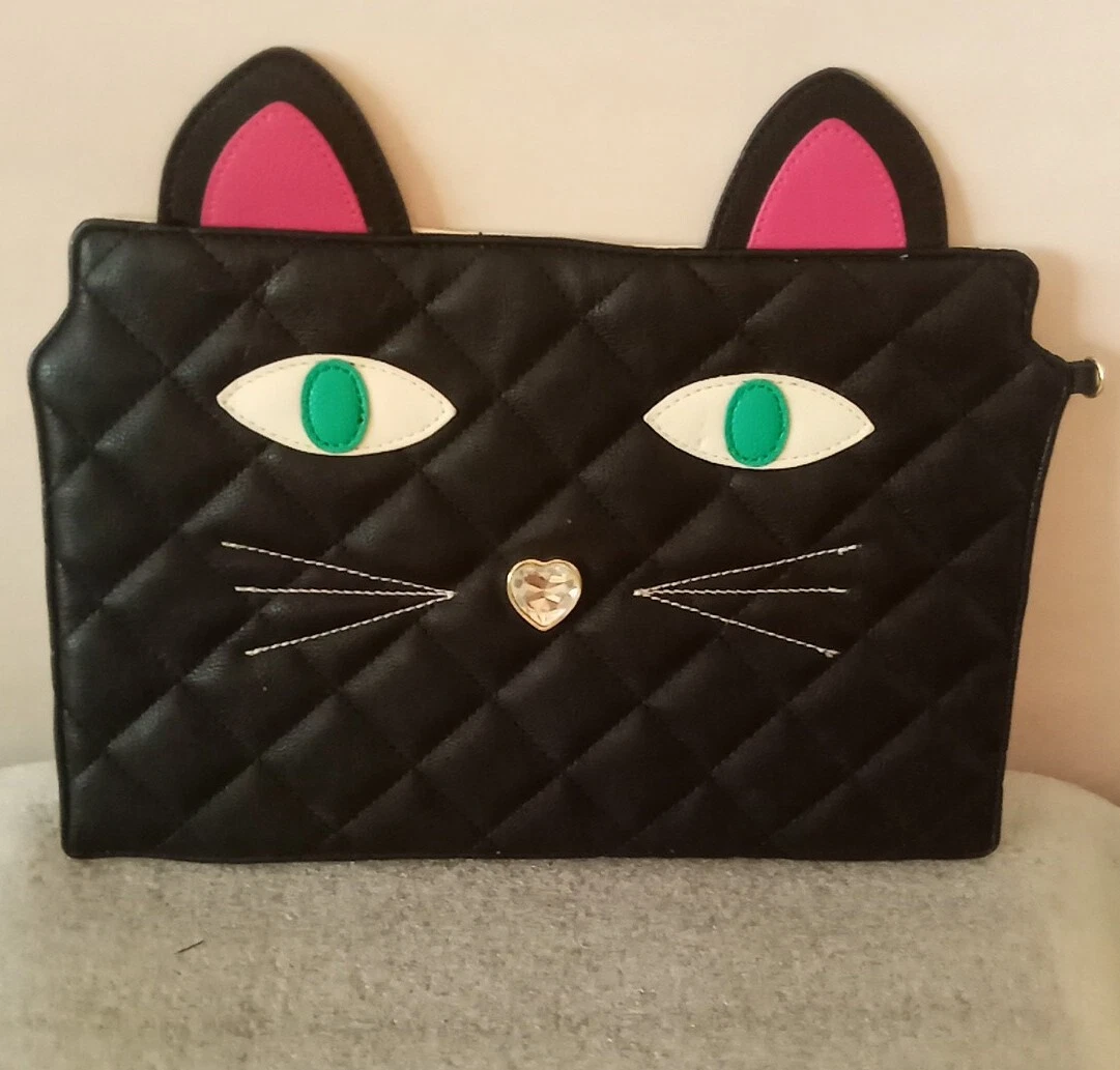 Betsey Johnson Large Black Cat Kitty Face Clutch Wallet Pouch Bag