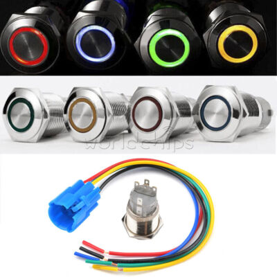 19mm 12V Waterproof Metal 5Pin ON-OFF   LED Push Button Switch Connector #F11
