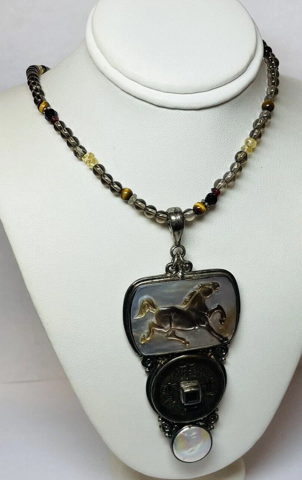 "Collar colgante caballo madreperla cuentas marrones plata esterlina 925 Sajen 18""" Foto 4 de 4