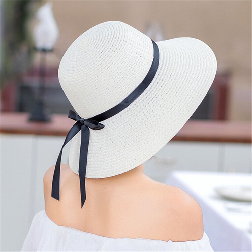 Floppy Foldable Ladies Women Straw Beach Sun Hat Summer Travel Wide Brim Cap - Picture 15 of 25