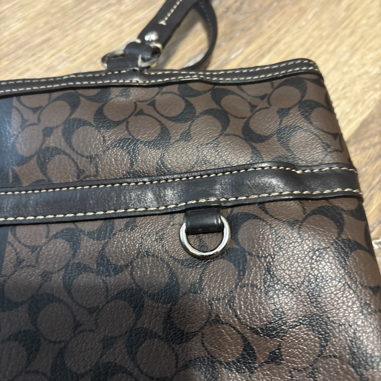 Borsa Coach Chelsea Heritage a righe marrone firmata in pelle doppia F15137