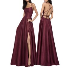 Sherri Hill Wine Burgundy Satin Lace Up Back Formal Dress Slit Pockets Sz 2