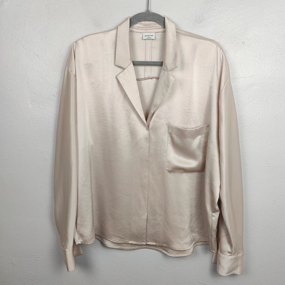 Aritzia Babaton Hasek Top Women Medium Champagne Pink Satin Collared Boxy Preppy - Image 2 of 4