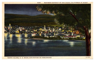 #ad 1937 Looking Across The Water At Night Downtown San Diego Vintage Postcard $8.50