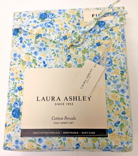 Laura Ashley Full Blue Yellow Floral Cotton Percale Sheet Set NWT