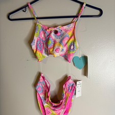 Breaking Waves Girls Size 8 Bikini Set Floral Heart Multi Color UPF 50 New