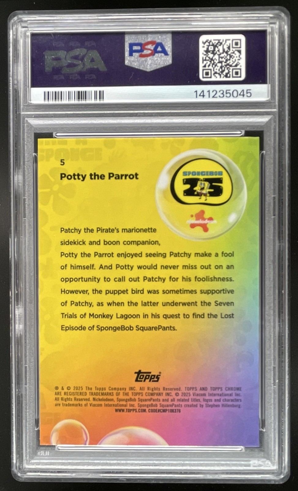 2025 Topps Chrome SpongeBob Potty Parrot Aqua Lava Refractor #/199 PSA 10 view 2
