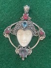 VINTAGE CARVED FACE & .925 STERLING SILVER & GEMSTONE PENDANT — photo 1