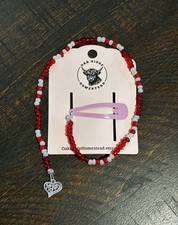 Beaded Hair Clip Red Glass Beads with silver tone Heart Charm Hippie Beads