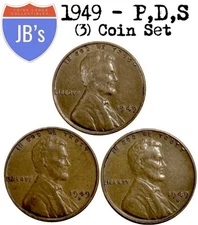 1949 P D S Lincoln Wheat Cents (3) Coins Average Circulated/Better *JB's Coins*