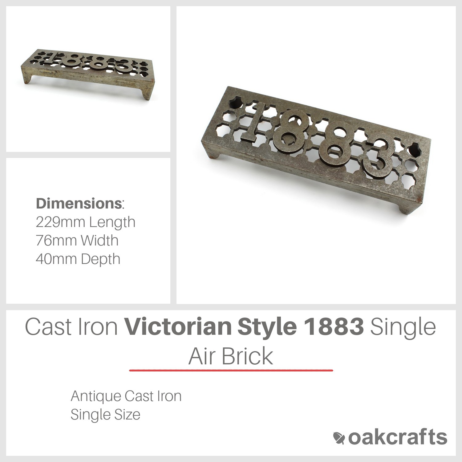 Antique Cast Iron Single Victorian Style 1883 Air Brick - 229mm x 76mm - Image 2