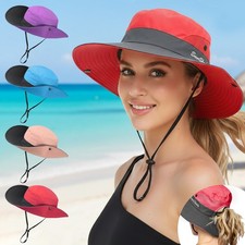 Women's Summer Sun Hat - Wide Brim Bucket Hat with Ponytail Hole UV Protection