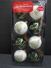 Winter Wonder Lane 8-Pack Woodsy Green White Glass Joy Christmas Trees Ornaments
