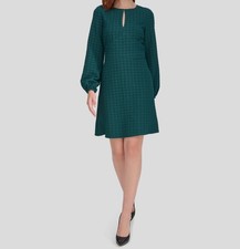 Tommy Hilfiger Women's Green Embossed Houndstooth Round-Neck Dress Size 16