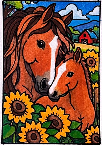 ACEO Original Art, Tiny Art - Watercolor - Horse - Mare & Foal
