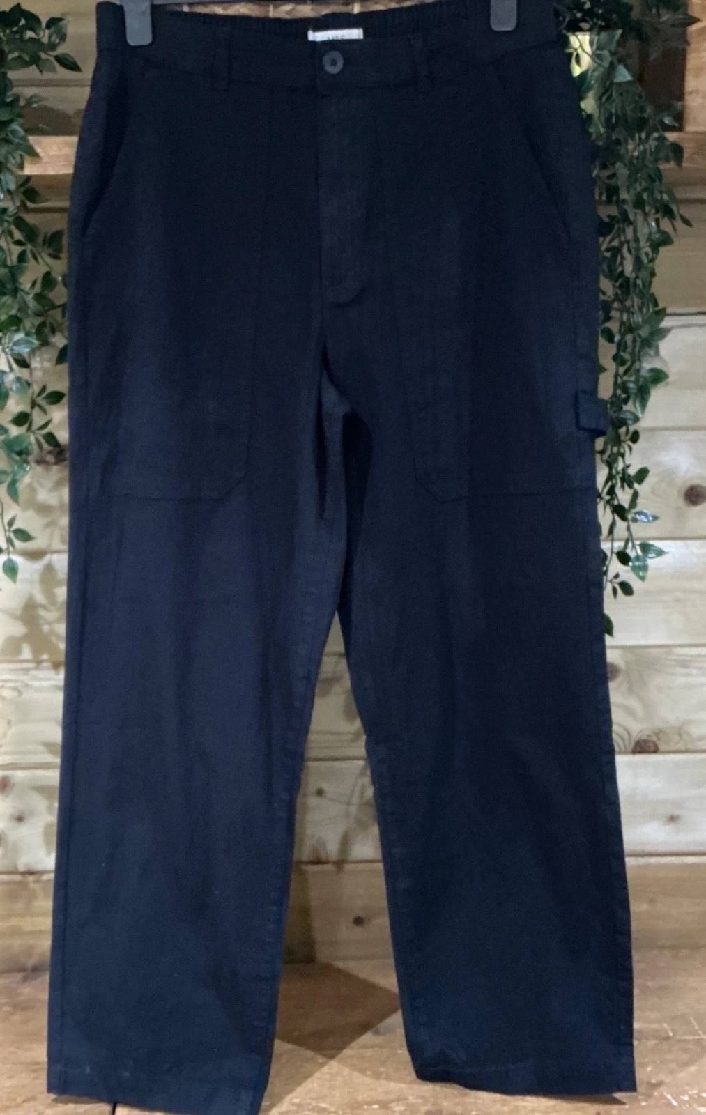 Ex M&S Black Cotton Mix Straight Leg Chino Cargo Trousers Size 16 Reg