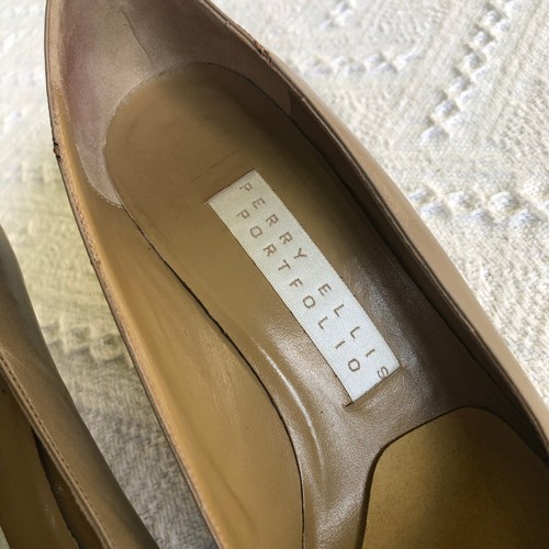 Vintage 80s Perry Ellis Portfolio Taupe Leather Pumps Green Diamond Heel Detail - Picture 4 of 15