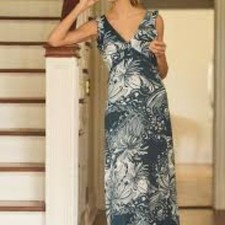 ✅ By Anthropologie Plunge V-Neck Ruffle A-Line Dress IN BLUE MOTIF SIZE LARGE