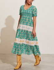 Odd Molly Anthropologie Day Printed Midi Dress Embroidered Smocked XS-0 255612