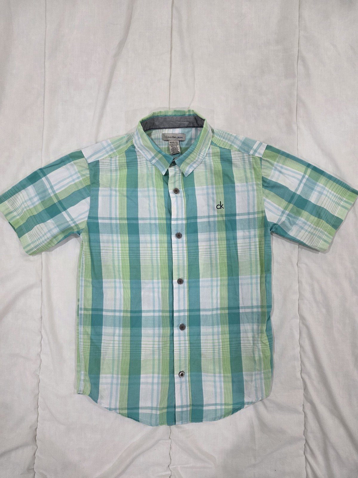 Calvin Klein Jeans Boys Short Sleeve Plaid Button-Up Shirt - Green/White - Size